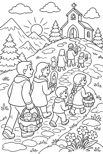 Familias con velas y cestas caminan por un sendero hacia una capilla de montaña con una cruz.