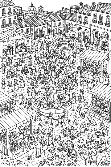 Festival di Pasqua in una piazza cittadina con albero decorato da uova, bancarelle, fontana, bambini e coniglietto.