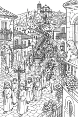 Grande processione pasquale nel borgo disegno da colorare PDF gratis