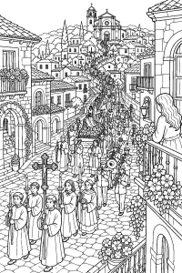 Grande processione pasquale nel borgo disegno da colorare PDF gratis