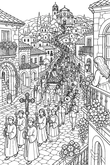 Disegno di una processione pasquale con ceri, croce e musicisti in un borgo con chiesa