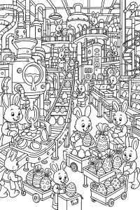 Fabbrica di uova di Pasqua con conigli disegno da colorare PDF gratis