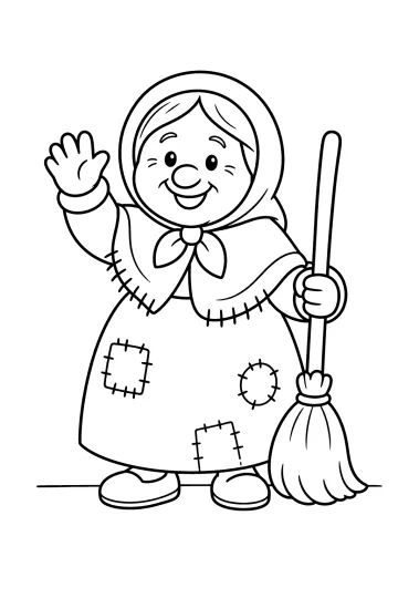 Disegno della Befana sorridente che saluta con una mano, con scopa e sacco