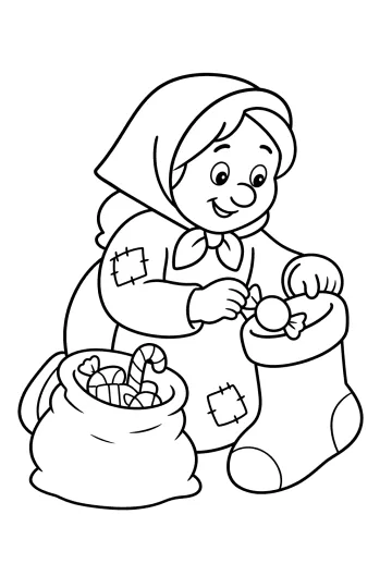 La Befana con una caramella sopra una grande calza e un sacco di dolci