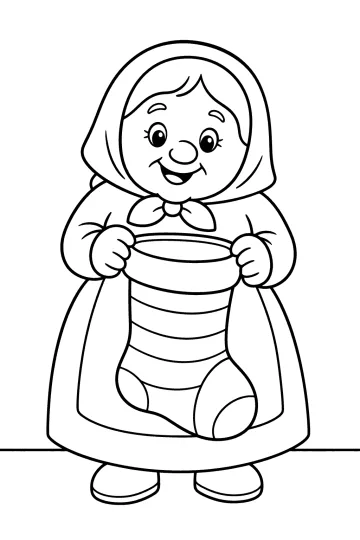 Disegno da colorare della Befana sorridente che tiene una grande calza a righe