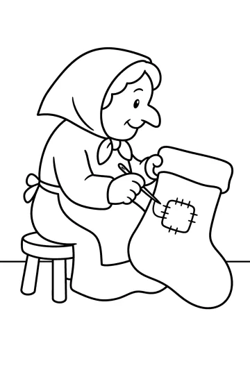 A Befana sentada num banco costura um remendo numa grande meia com agulha e linha.