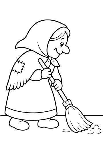 A Befana com chapéu a varrer o chão com uma vassoura