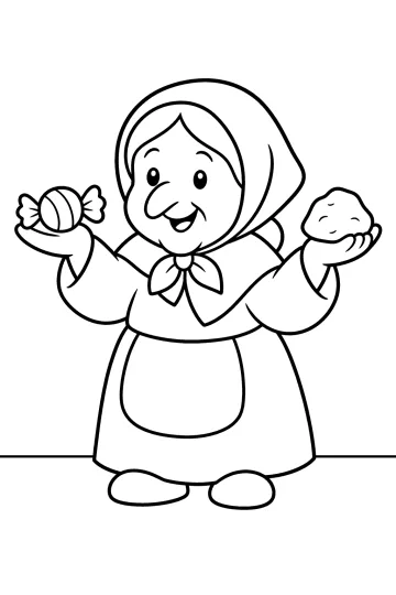 La Befana sorridente tiene una caramella in una mano e un pezzo di carbone nell'altra.