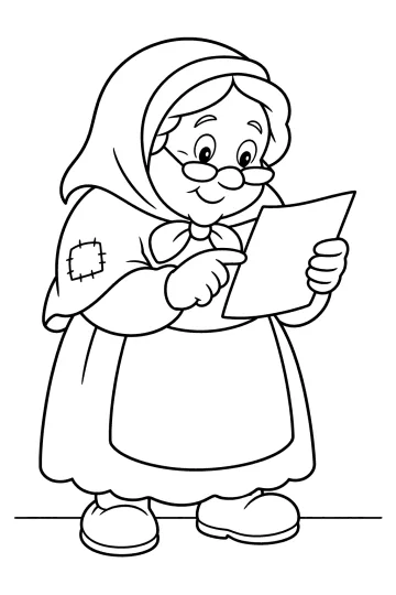 Disegno della Befana con occhiali che tiene un grande foglio e lo indica con un dito.