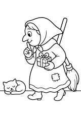 Befana in punta di piedi con regalo disegno da colorare PDF gratis