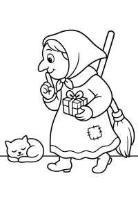 Befana in punta di piedi con regalo disegno da colorare PDF gratis