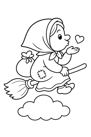 Desenho para colorir da Befana a voar numa vassoura com um saco, um coração e uma nuvem
