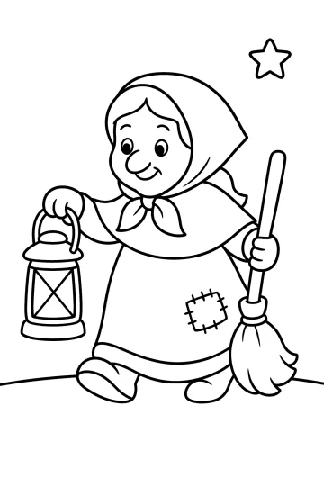 Disegno da colorare della Befana con una lanterna, una scopa e una stella