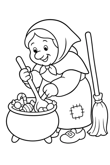 Disegno da colorare della Befana che mescola dolci in un grande pentolone con una scopa accanto
