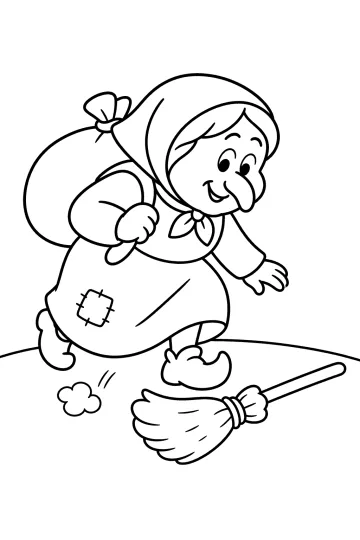 Disegno della Befana con sacco sulle spalle mentre atterra vicino a una scopa
