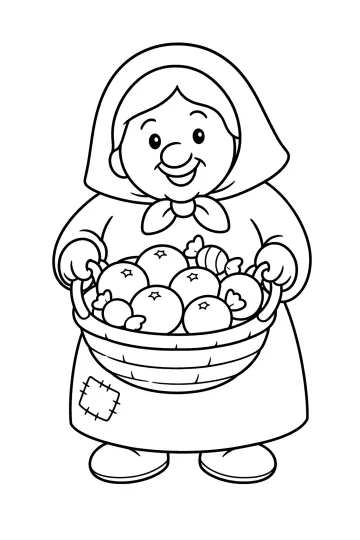Disegno della Befana sorridente con un cestino di arance e dolci