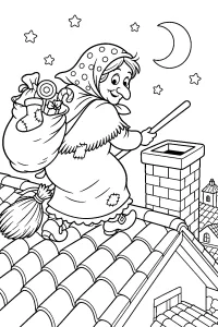 Befana auf dem Dach mit ihrem Besen malvorlage kostenlos PDF