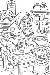 La Befana prepara biscotti a stella disegno da colorare PDF gratis