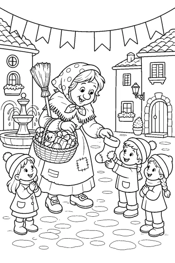 La Befana con una scopa e un cesto di doni in una piazza, circondata da bambini davanti a una fontana e alle case.