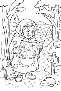 La Befana con la mappa nel bosco innevato disegno da colorare PDF gratis