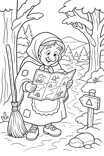 Befana tenant une carte dans une forêt enneigée avec un balai, des arbres, un chemin et un panneau