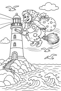 Befana fliegt um den Leuchtturm malvorlage kostenlos PDF