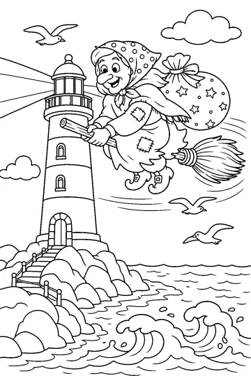 Befana flying on a broom beside a lighthouse over the sea, carrying a decorated sack as seabirds fly nearby.