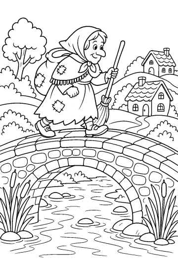 La Befana con una escoba y un saco camina por un puente de piedra sobre un río, con casas al fondo.