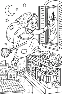 Befana auf dem Balkon malvorlage kostenlos PDF