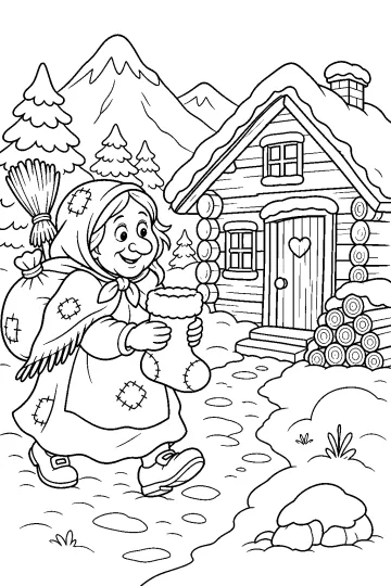 Befana holding a stocking and broom in front of a snowy mountain cabin