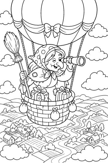 Befana in een luchtballon met een bezem, verrekijker, cadeaus en zakken boven het platteland.