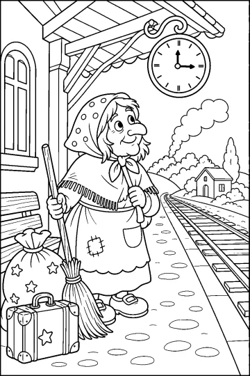 La Befana con scopa, sacco e valigia su un binario di una stazione di campagna