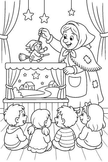 Befana accanto a un teatrino di burattini con bambini seduti davanti