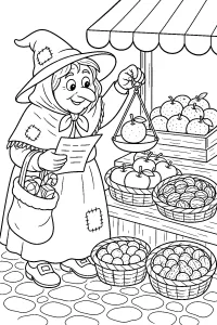 La Befana al mercato della frutta disegno da colorare PDF gratis