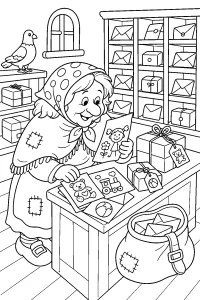 La Befana all'ufficio postale disegno da colorare PDF gratis