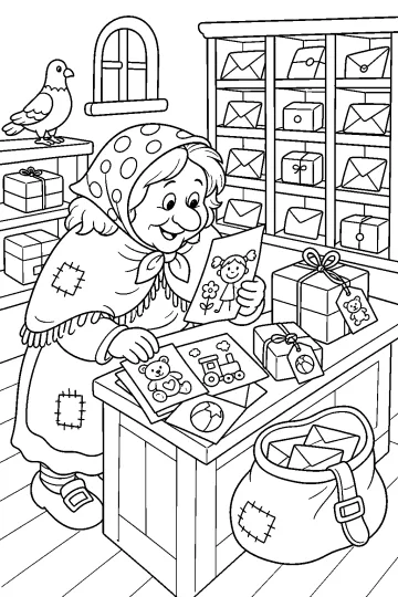 La Befana con un disegno in mano davanti a un tavolo con lettere e pacchi, in un ufficio postale con scaffali e sacco della posta.