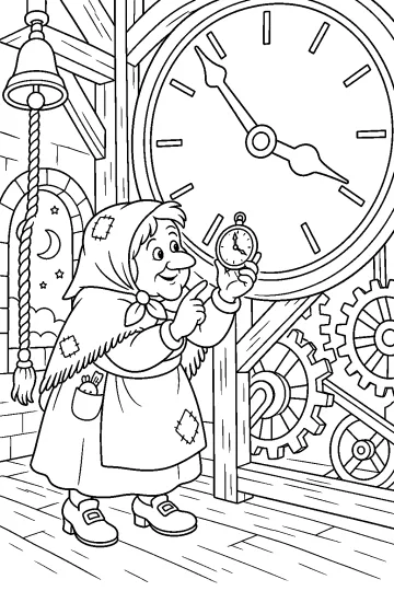 Befana mit einer kleinen Uhr vor einer großen Turmuhr, neben Zahnrädern und einer hängenden Glocke.