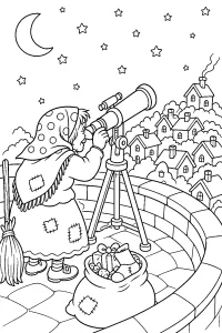 La Befana con il telescopio sul villaggio disegno da colorare PDF gratis