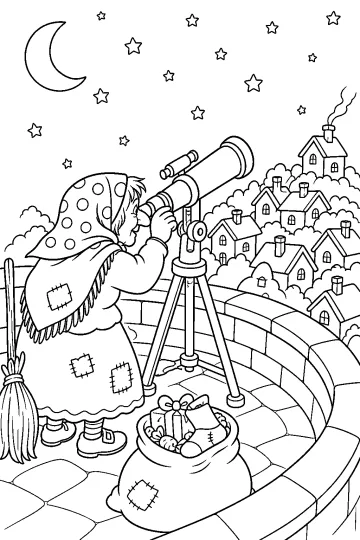 La Befana con un telescopio su una terrazza, davanti a un villaggio sotto la luna e le stelle