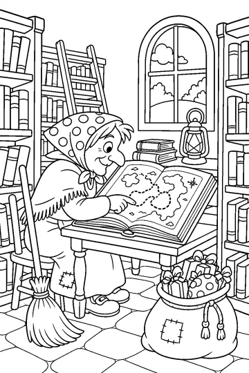 A Befana sentada à mesa observa um grande mapa aberto numa biblioteca com livros, escada, vassoura, lanterna e presentes.