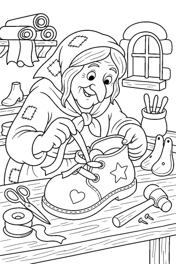 Befana in a pointed hat decorating a large shoe at a cobbler's workbench.