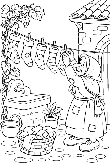 Befana hanging stockings on a clothesline in a courtyard with a wash basin, plants, and a laundry basket.