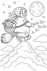 La Befana vola tra le nuvole e la luna disegno da colorare PDF gratis