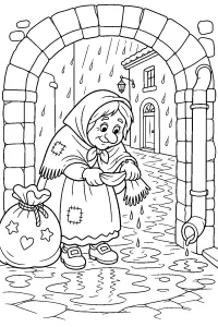 Befana onder de boog in de regen kleurplaat gratis PDF