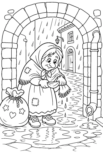 La Befana sous une arche en pierre avec un grand sac pendant que la pluie tombe dans les flaques