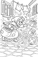 Befana jaagt op cadeaus in een winderig steegje kleurplaat gratis PDF