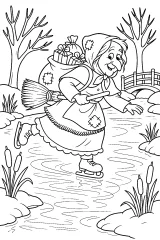 La Befana pattina sul laghetto disegno da colorare PDF gratis