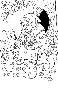 La Befana con gli animali del bosco disegno da colorare PDF gratis