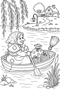 La Befana in barca sul fiume disegno da colorare PDF gratis