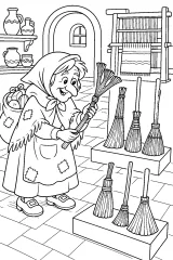 Befana al museo dei brooms disegno da colorare PDF gratis